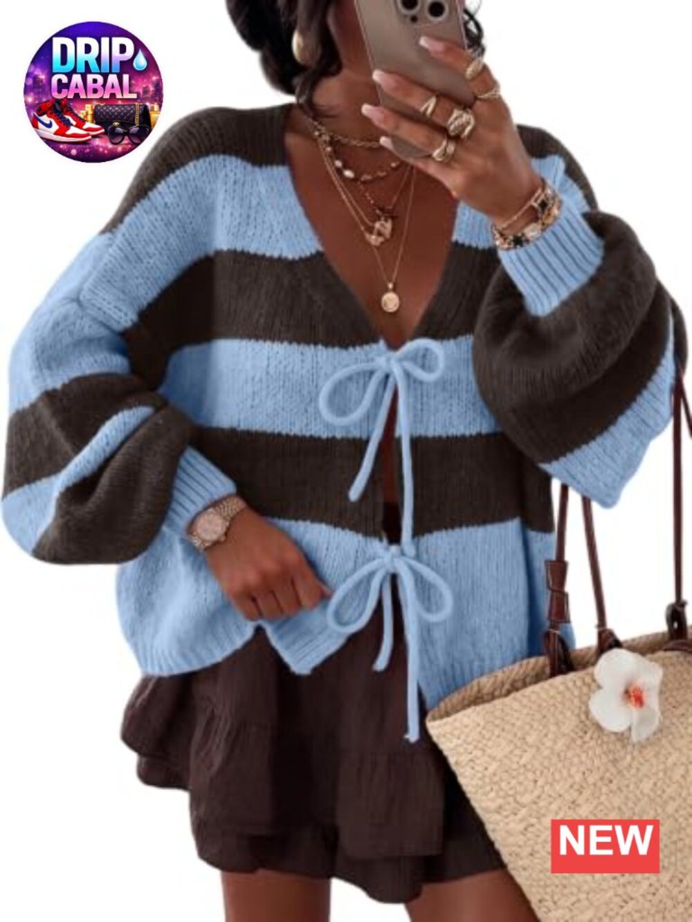 Oversized Striped Chunky Knit Cardigan Bow Tie V-Neck Sweater